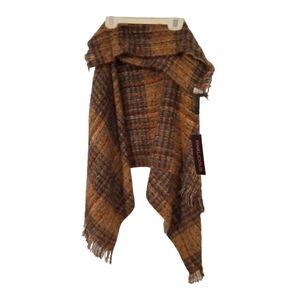 Pinkilicous Plaid Tan, Gold, Brown...Poncho Scarf with Fringe Neckline BoHo  O/S